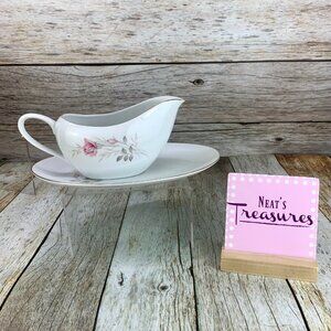 Camelot AMERICAN ROSE Gray Pink China Gravy Sauces Boat w Relish Underplate